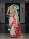 Banarasee Handwoven Organza Mix Saree With Zari Buti Design & Contrast Border-Cream & Maroon