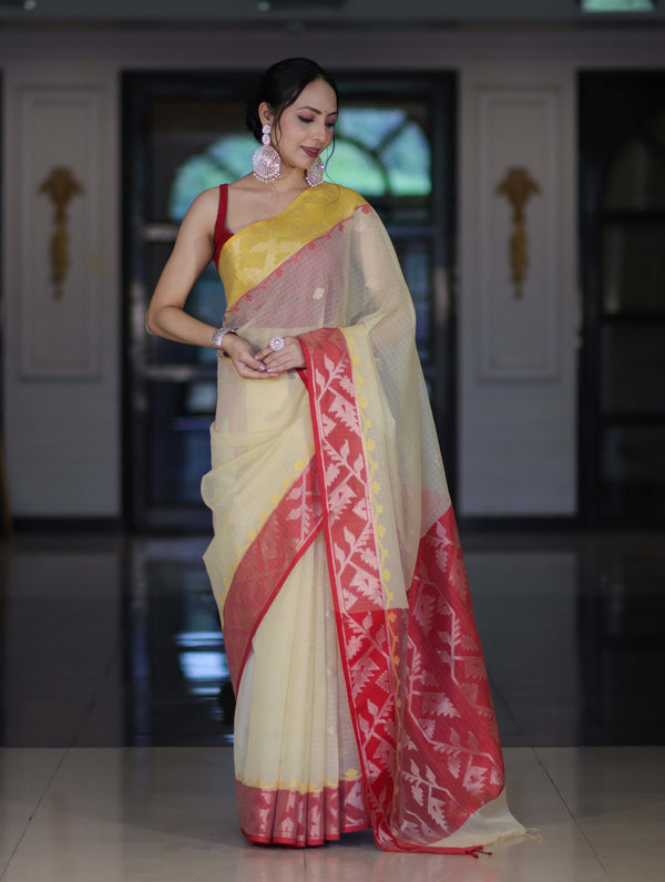 Banarasee Handwoven Organza Mix Saree With Zari Buti Design & Contrast Border-Cream & Maroon