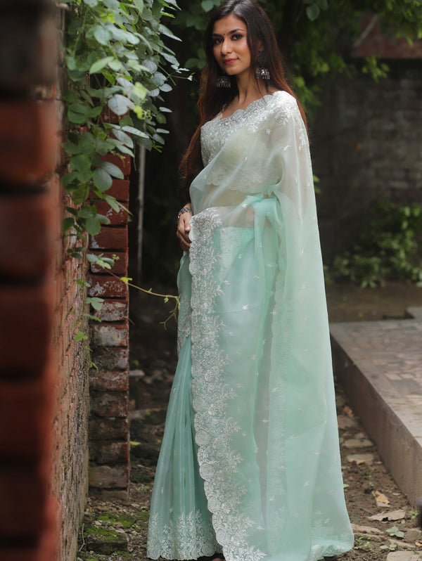 Banarasee Pure Organza Silk Saree With Floral Resham Embroidery-Sea Green
