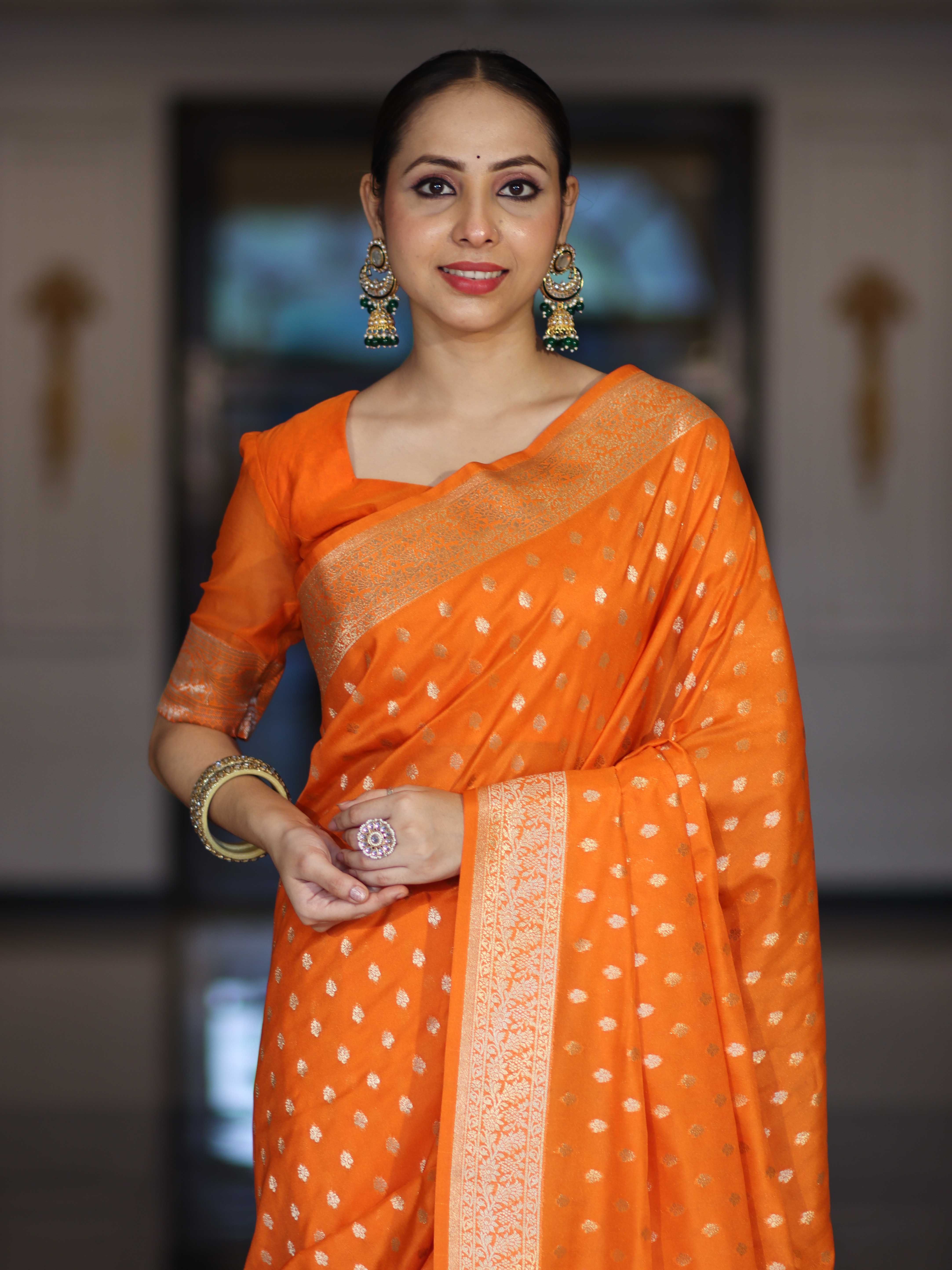 Banarasee Handloom Soft Silk Saree With Zari Buti Design & Border-Orange