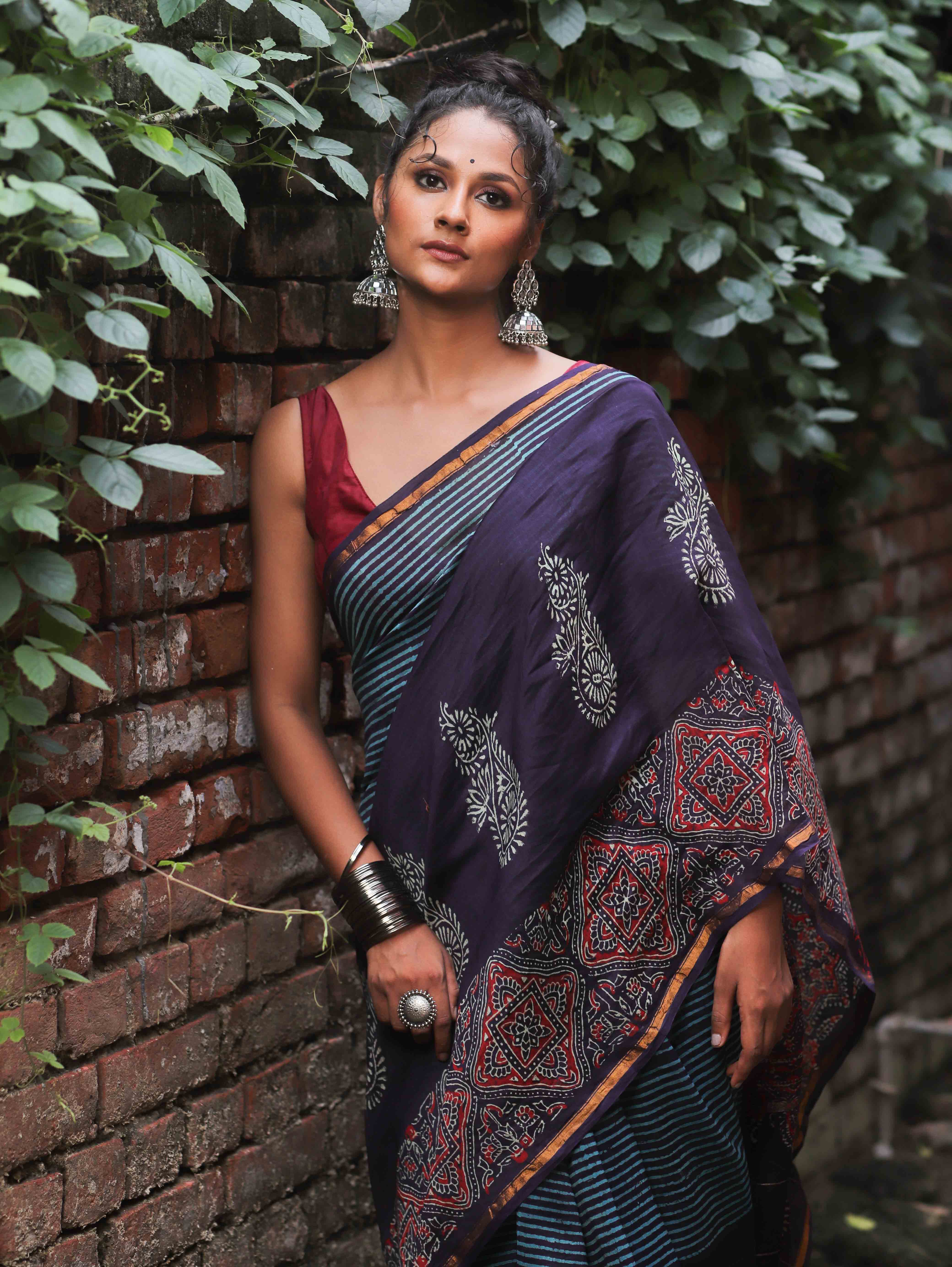 Banarasee Handloom Chanderi Bagru Block Printed Saree-Blue