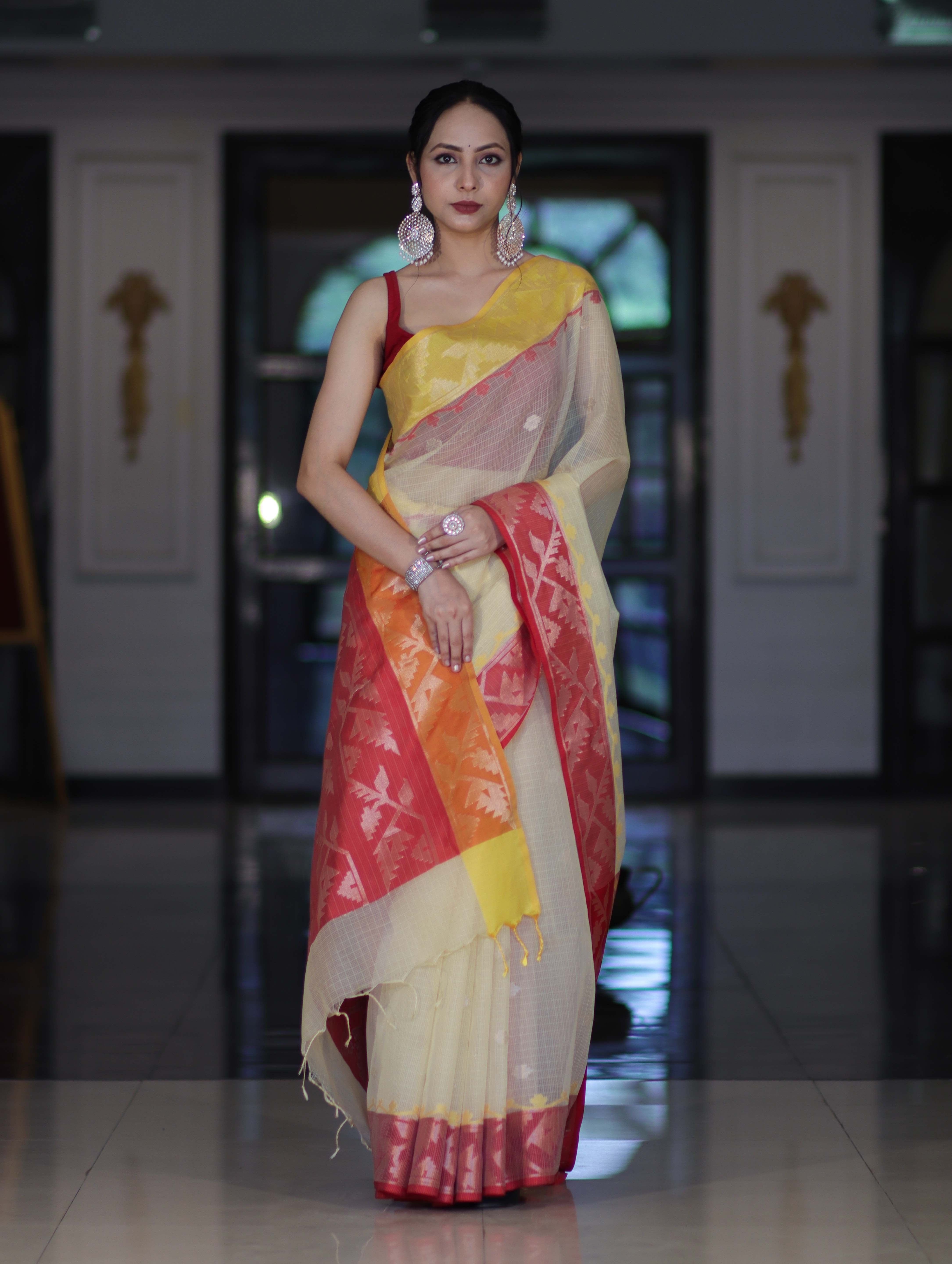 Banarasee Handwoven Organza Mix Saree With Zari Buti Design & Contrast Border-Cream & Maroon
