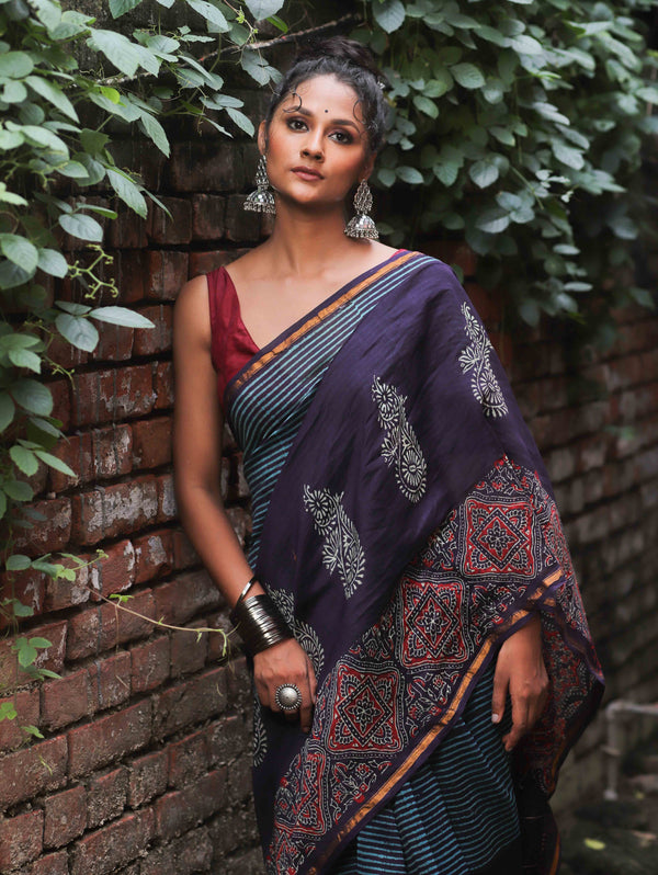 Banarasee Handloom Chanderi Bagru Block Printed Saree-Blue
