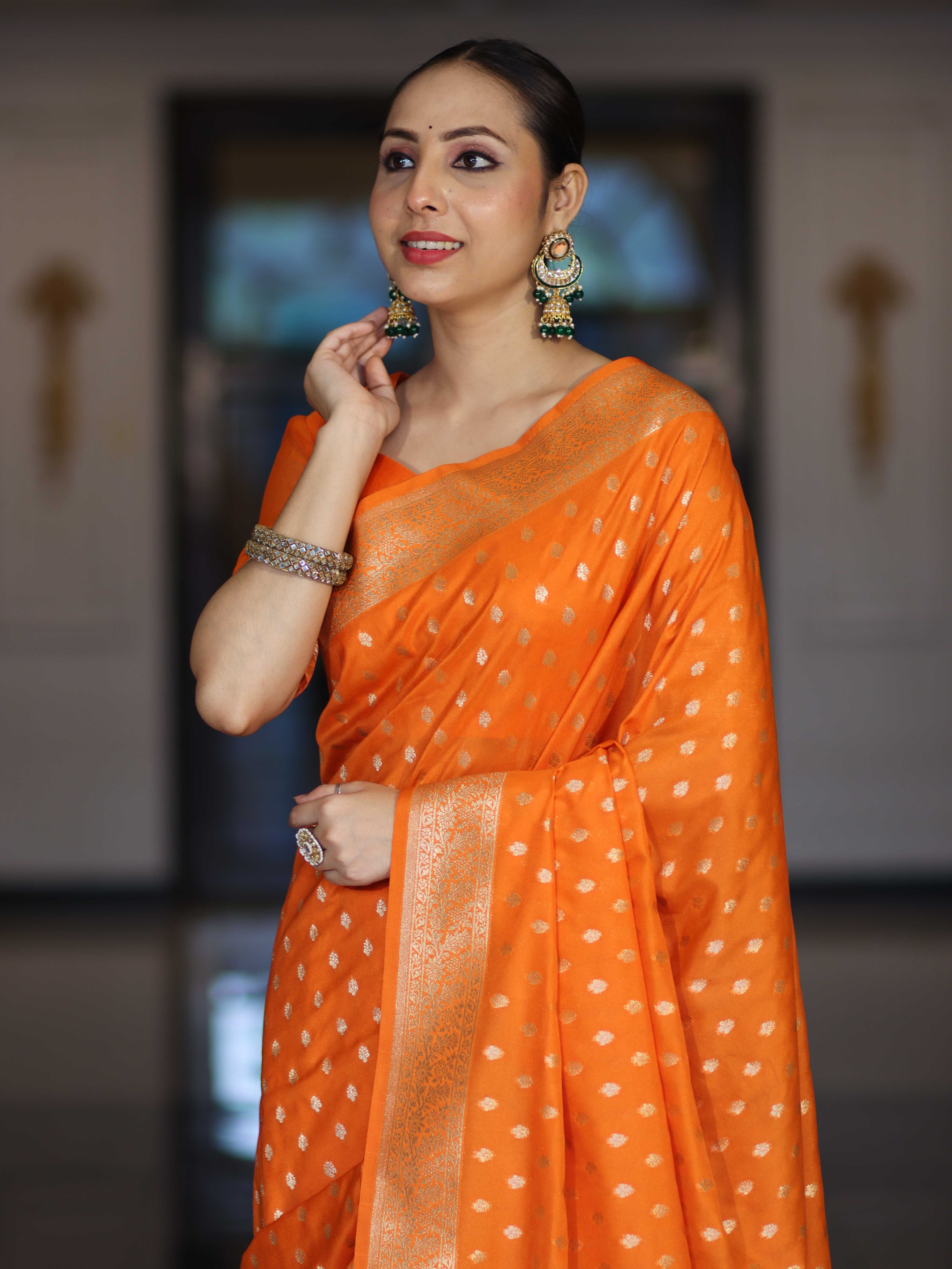 Banarasee Handloom Soft Silk Saree With Zari Buti Design & Border-Orange