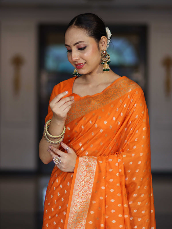 Banarasee Handloom Soft Silk Saree With Zari Buti Design & Border-Orange