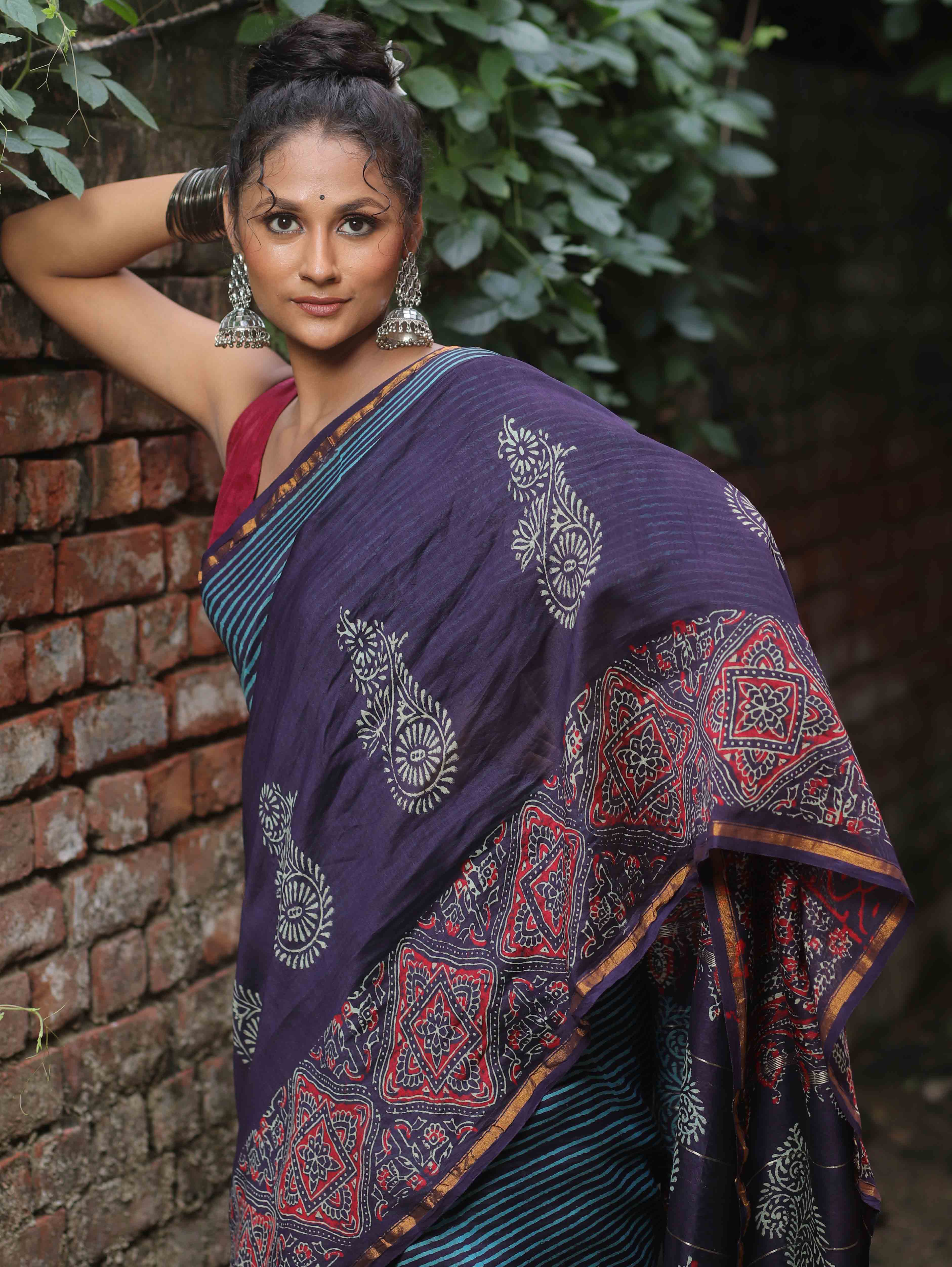 Banarasee Handloom Chanderi Bagru Block Printed Saree-Blue