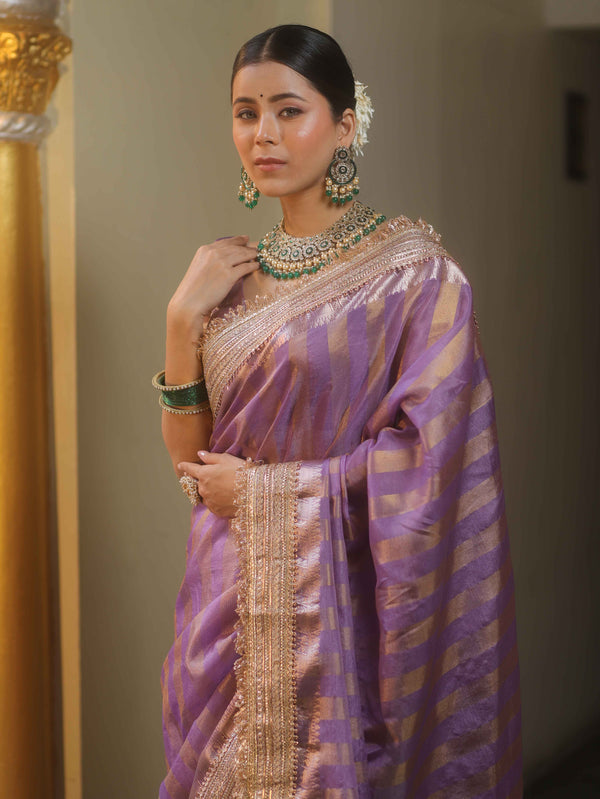Banarasee Handwoven Semi Silk Saree With Zari Design & Lace-Purple