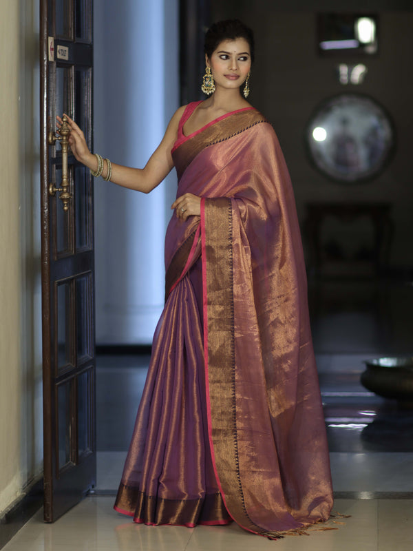 Banarasee Dual Shaded Linen Tissue Saree With Zari Border-Purple