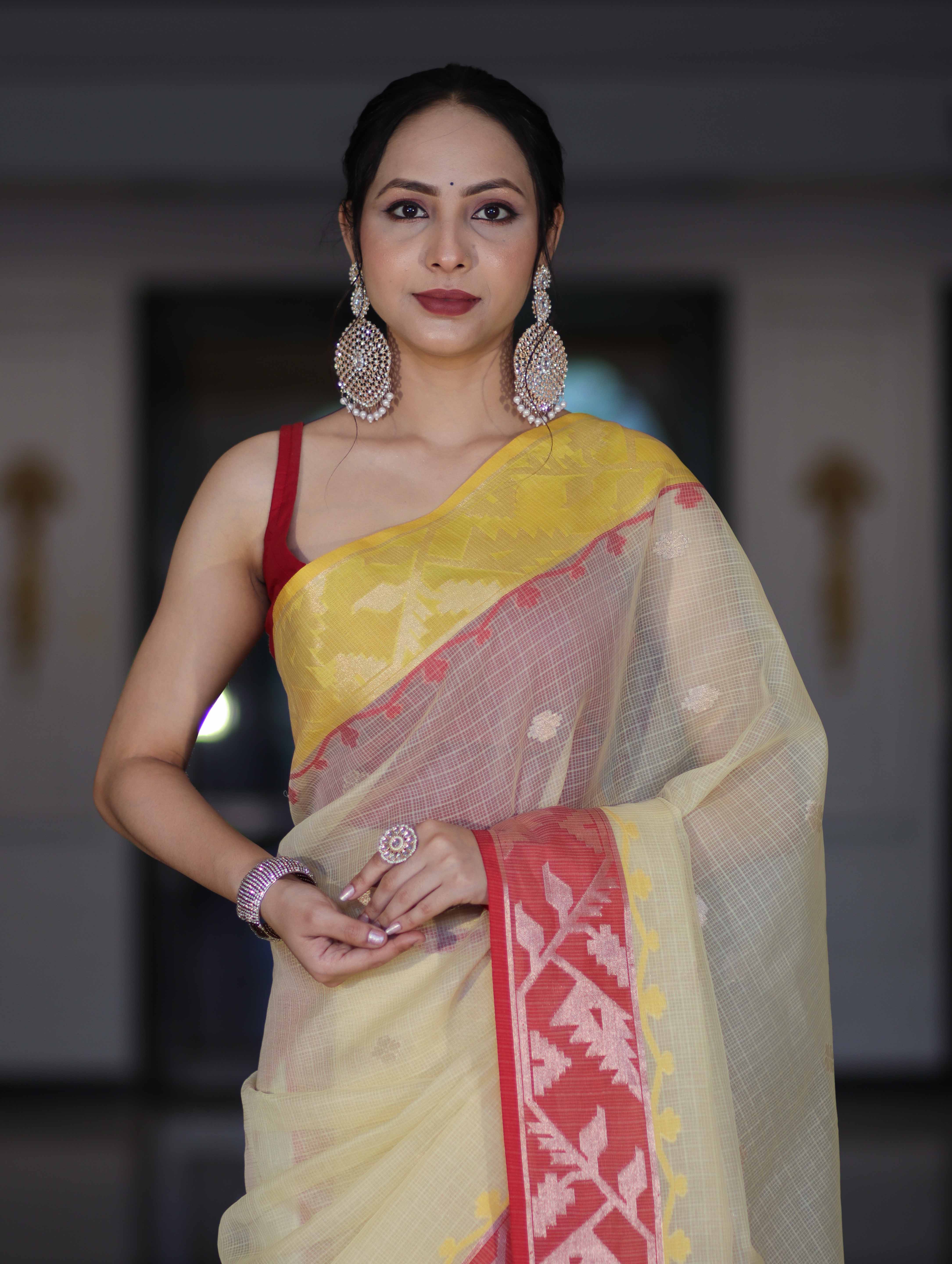 Banarasee Handwoven Organza Mix Saree With Zari Buti Design & Contrast Border-Cream & Maroon