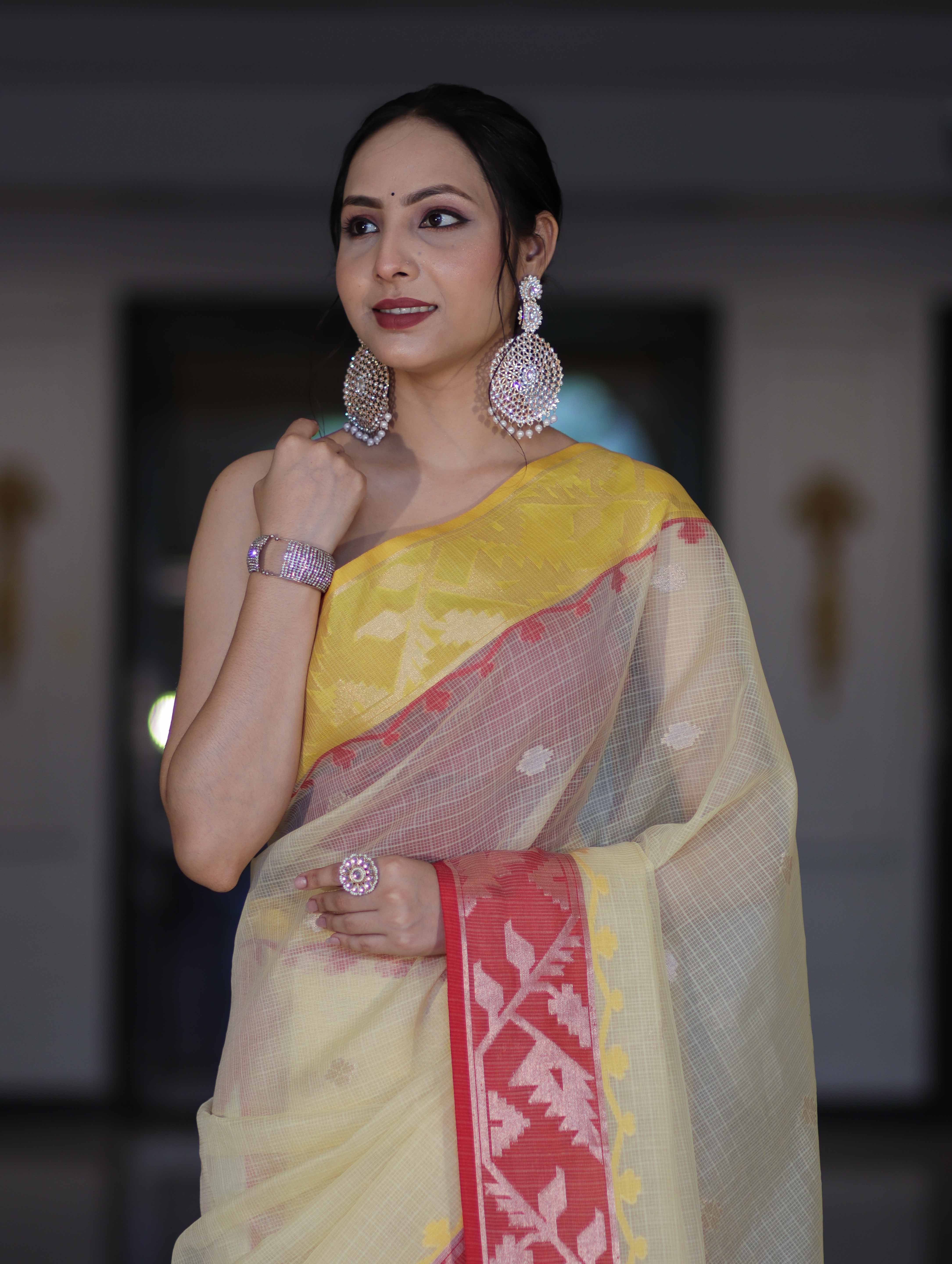 Banarasee Handwoven Organza Mix Saree With Zari Buti Design & Contrast Border-Cream & Maroon