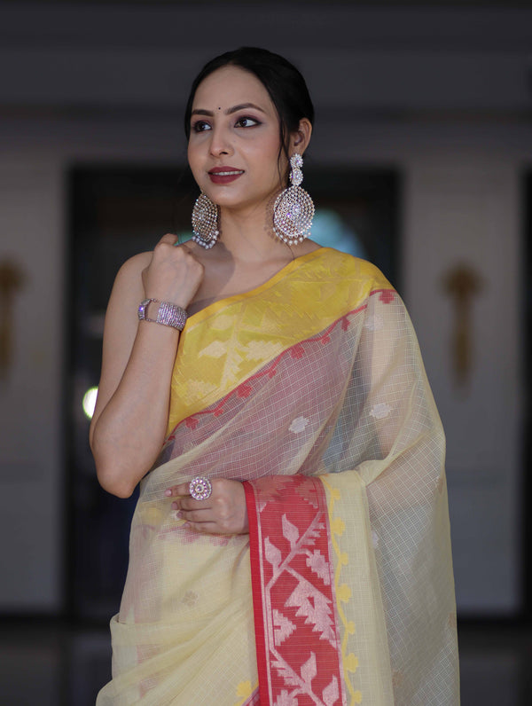Banarasee Handwoven Organza Mix Saree With Zari Buti Design & Contrast Border-Cream & Maroon