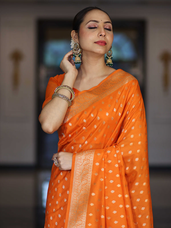 Banarasee Handloom Soft Silk Saree With Zari Buti Design & Border-Orange