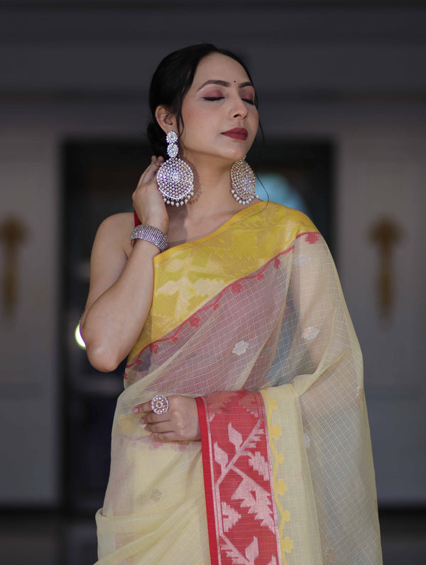 Banarasee Handwoven Organza Mix Saree With Zari Buti Design & Contrast Border-Cream & Maroon