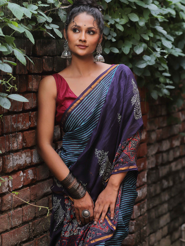 Banarasee Handloom Chanderi Bagru Block Printed Saree-Blue