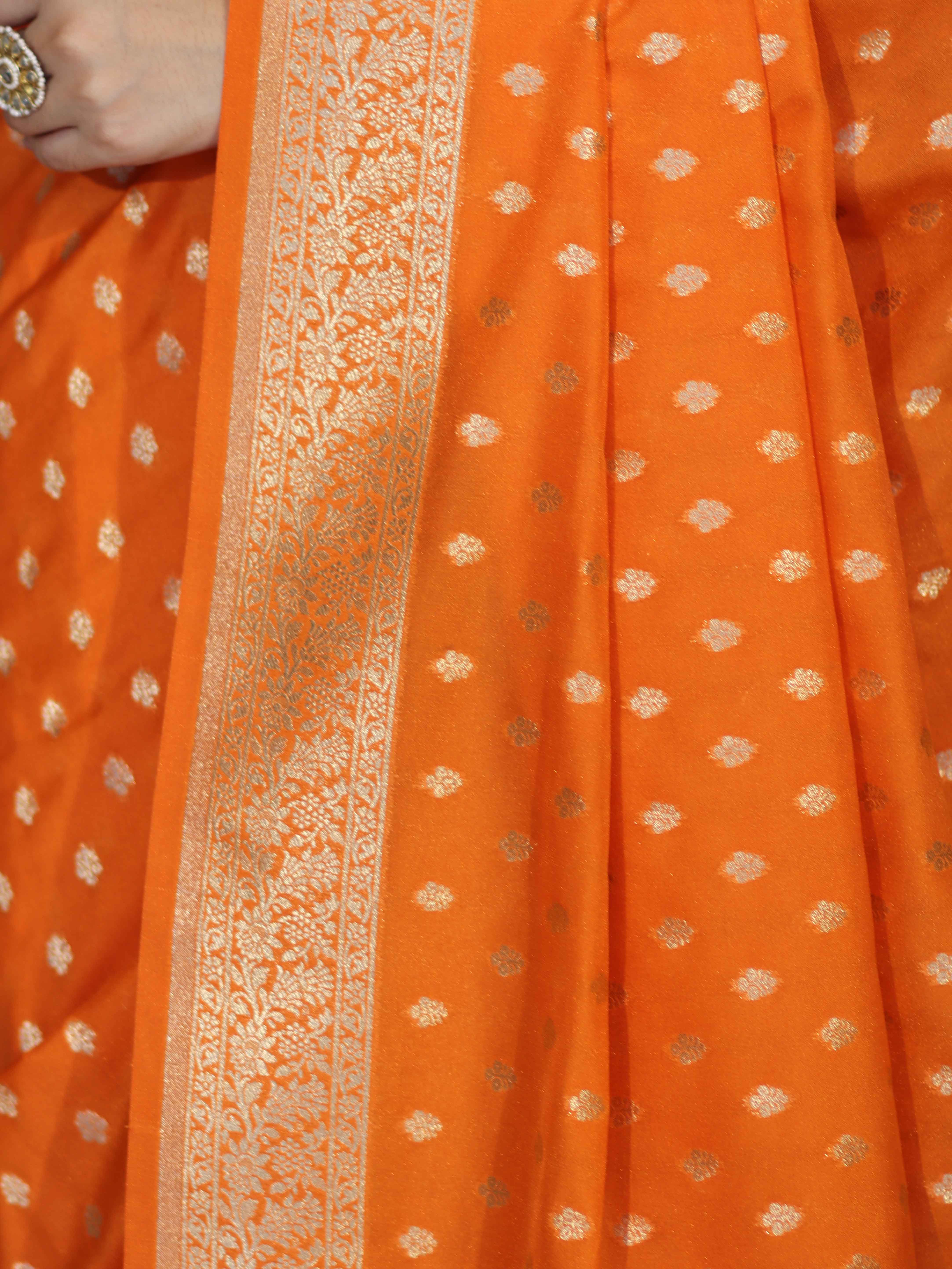 Banarasee Handloom Soft Silk Saree With Zari Buti Design & Border-Orange
