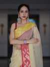 Banarasee Handwoven Organza Mix Saree With Zari Buti Design & Contrast Border-Cream & Maroon