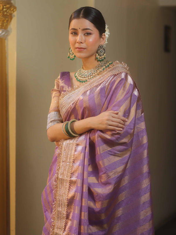 Banarasee Handwoven Semi Silk Saree With Zari Design & Lace-Purple