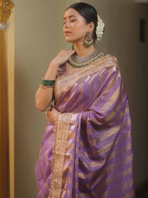 Banarasee Handwoven Semi Silk Saree With Zari Design & Lace-Purple