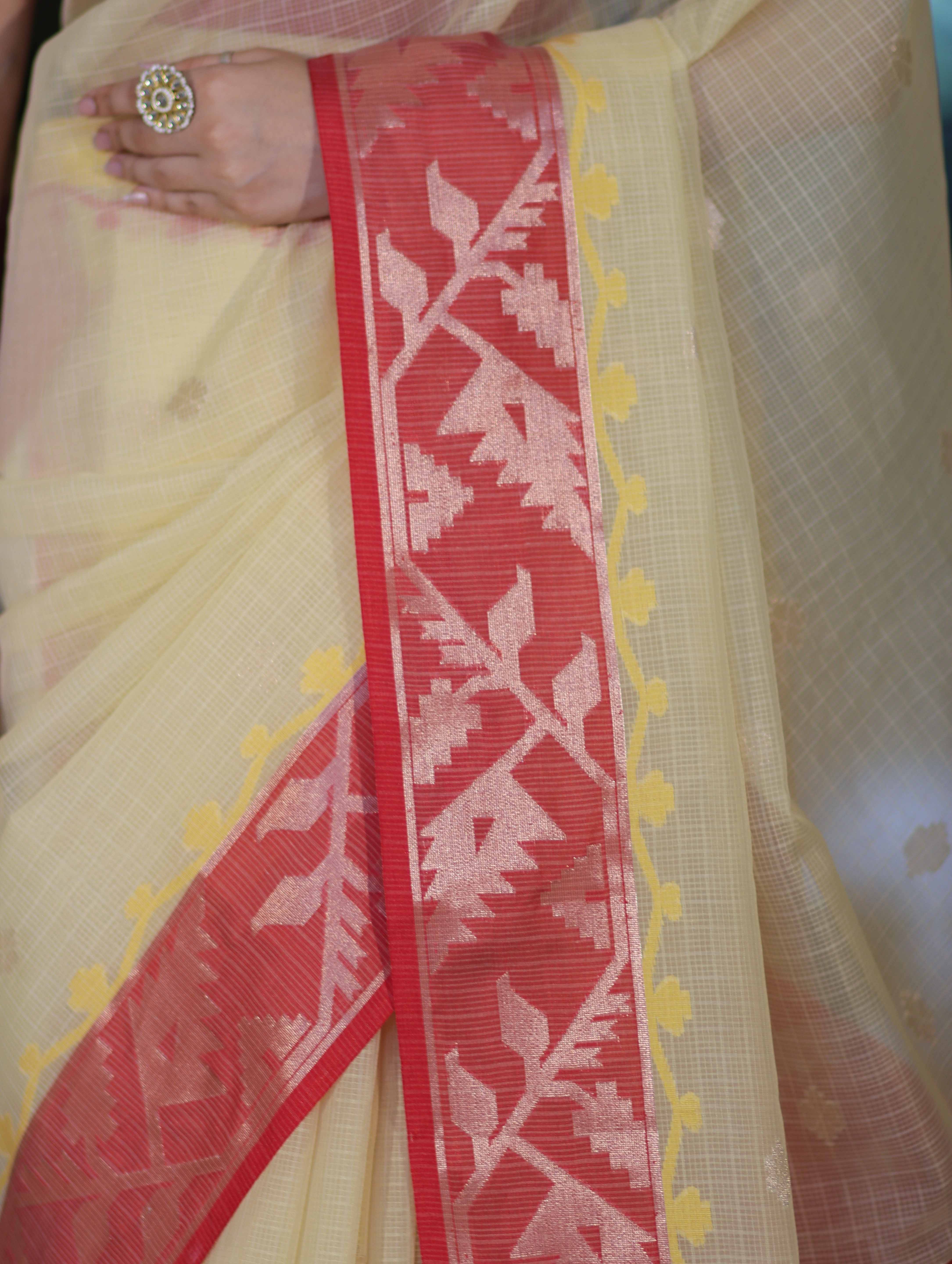 Banarasee Handwoven Organza Mix Saree With Zari Buti Design & Contrast Border-Cream & Maroon