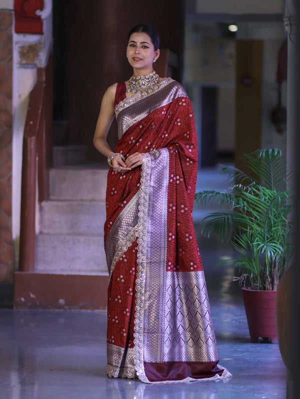 Banarasee Handloom Mashru Silk Saree With Tanchoi Work & Lace Border-Deep Maroon