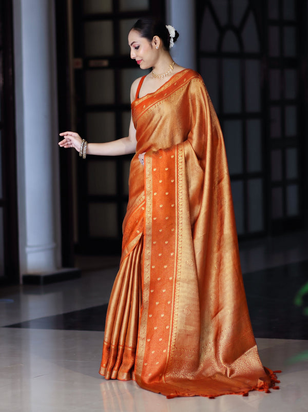 Banarasee Handloom Dual Tone Tissue Silk Saree With Zari & Resham Weaving-Rust