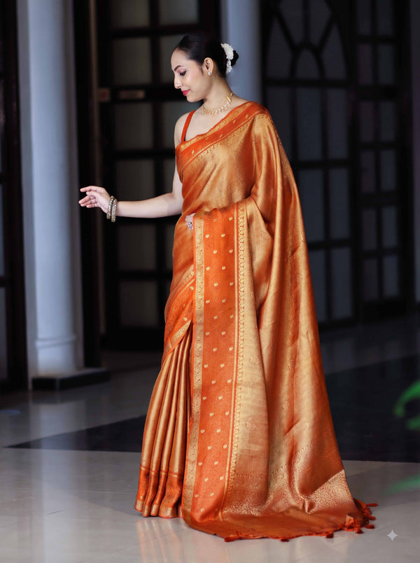 Banarasee Handloom Dual Tone Tissue Silk Saree With Zari & Resham Weaving-Orange