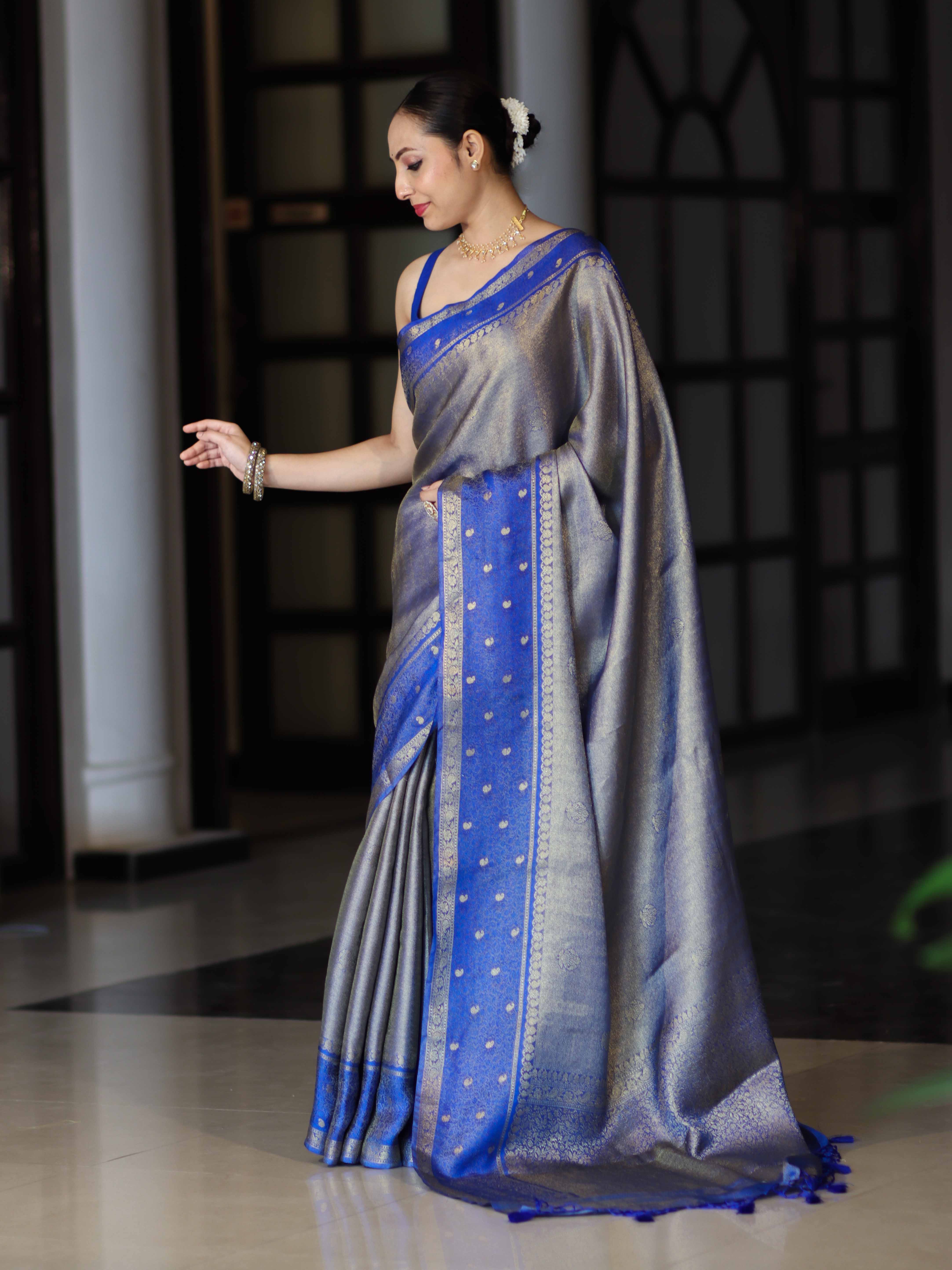 Banarasee Handloom Dual Tone Tissue Silk Saree With Zari & Resham Weaving-Blue (Gold Tone)