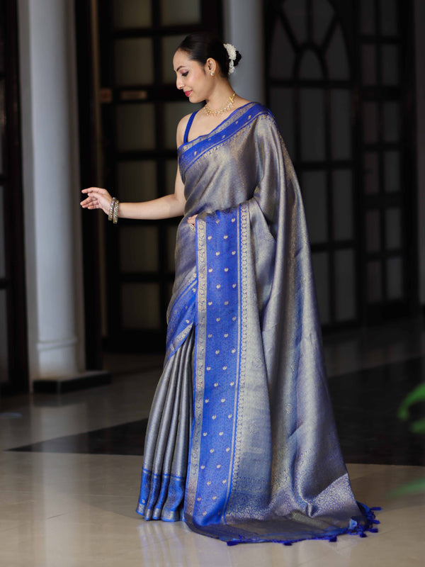 Banarasee Handloom Dual Tone Tissue Silk Saree With Zari & Resham Weaving-Blue (Gold Tone)