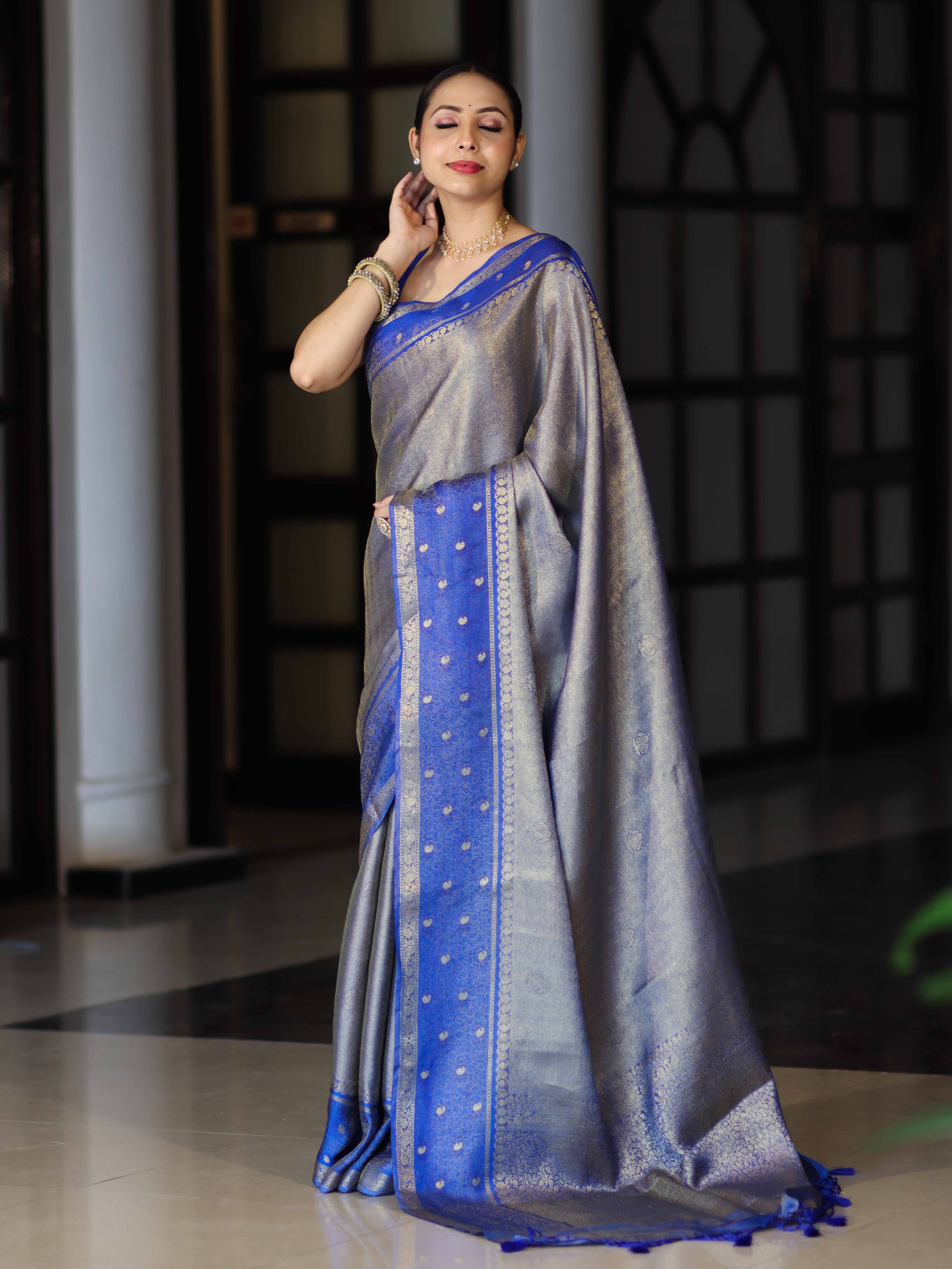 Banarasee Handloom Dual Tone Tissue Silk Saree With Zari & Resham Weaving-Blue (Gold Tone)