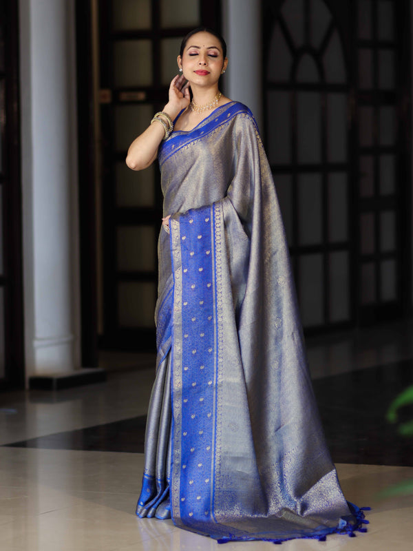 Banarasee Handloom Dual Tone Tissue Silk Saree With Zari & Resham Weaving-Blue (Gold Tone)
