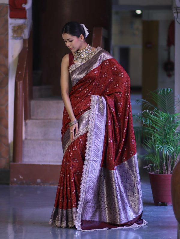 Banarasee Handloom Mashru Silk Saree With Tanchoi Work & Lace Border-Deep Maroon