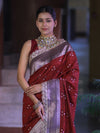 Banarasee Handloom Mashru Silk Saree With Tanchoi Work & Lace Border-Deep Maroon