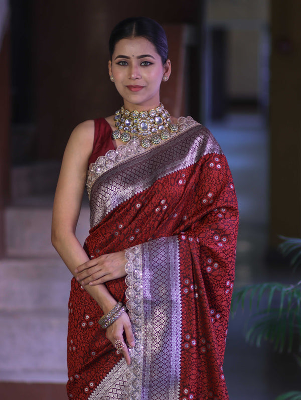 Banarasee Handloom Mashru Silk Saree With Tanchoi Work & Lace Border-Deep Maroon