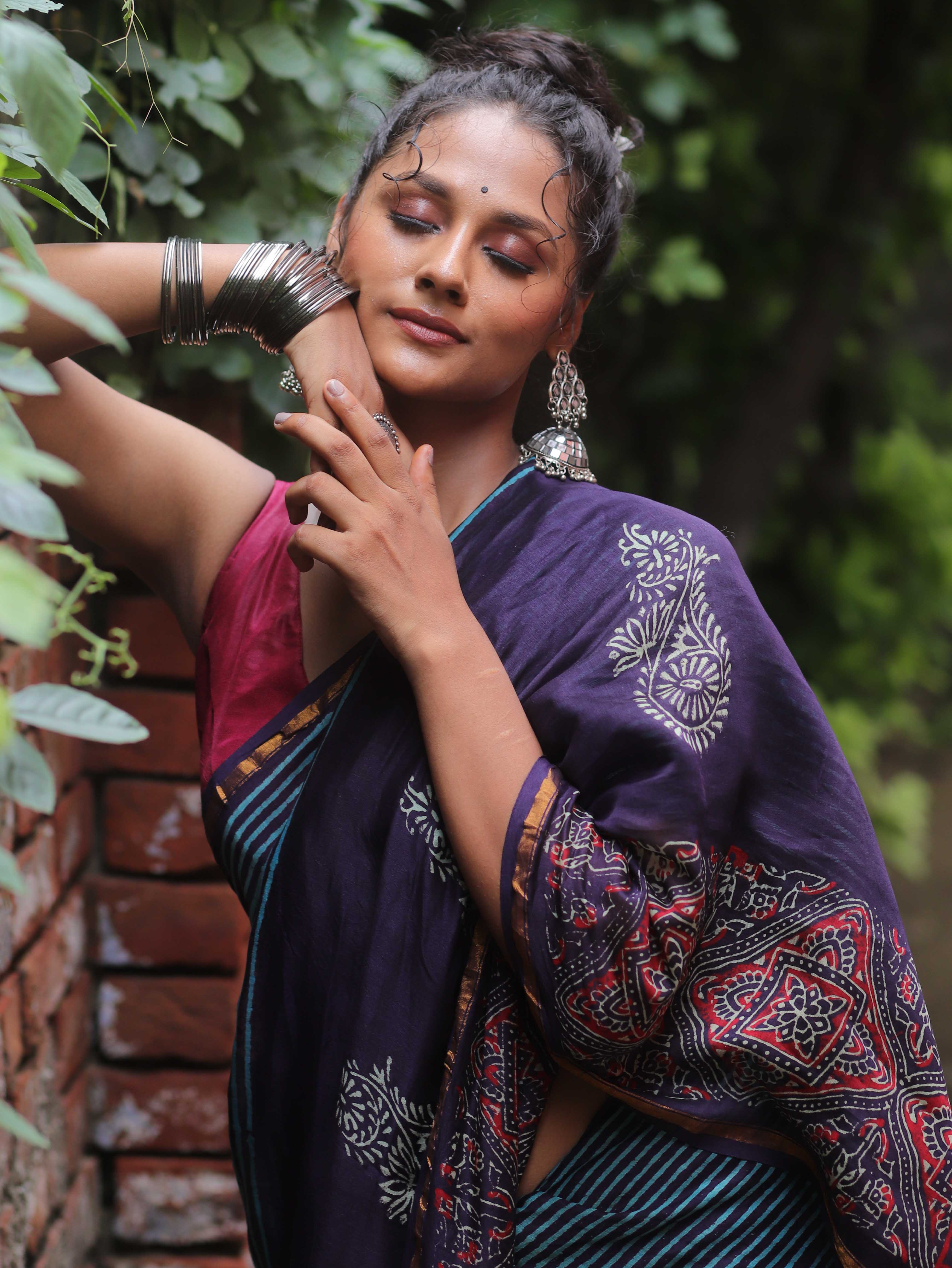 Banarasee Handloom Chanderi Bagru Block Printed Saree-Blue