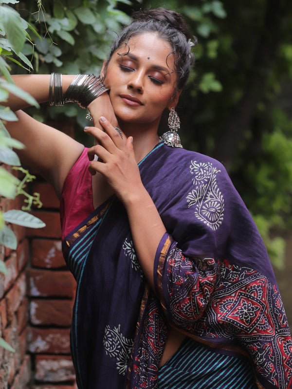 Banarasee Handloom Chanderi Bagru Block Printed Saree-Blue