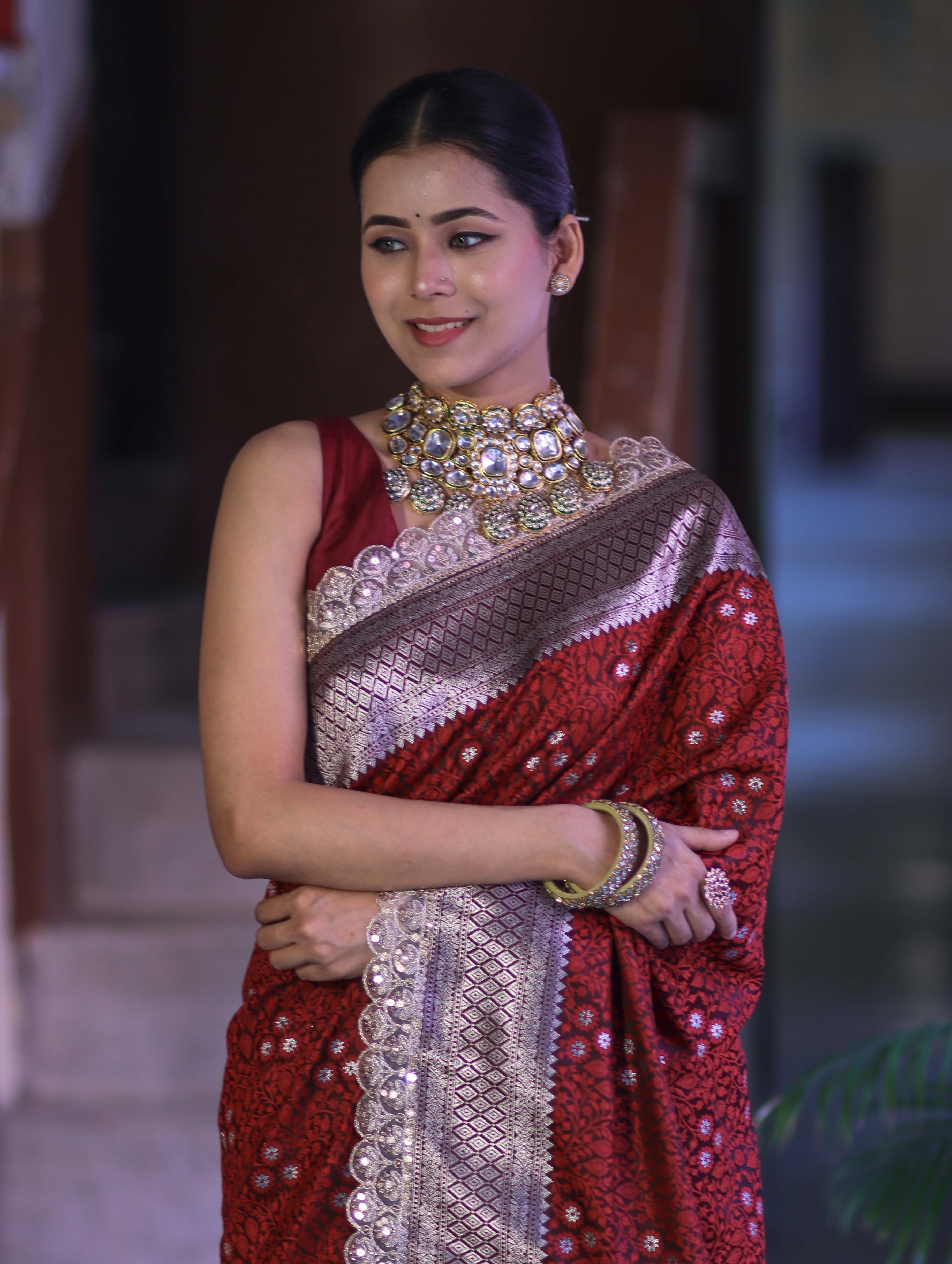 Banarasee Handloom Mashru Silk Saree With Tanchoi Work & Lace Border-Deep Maroon