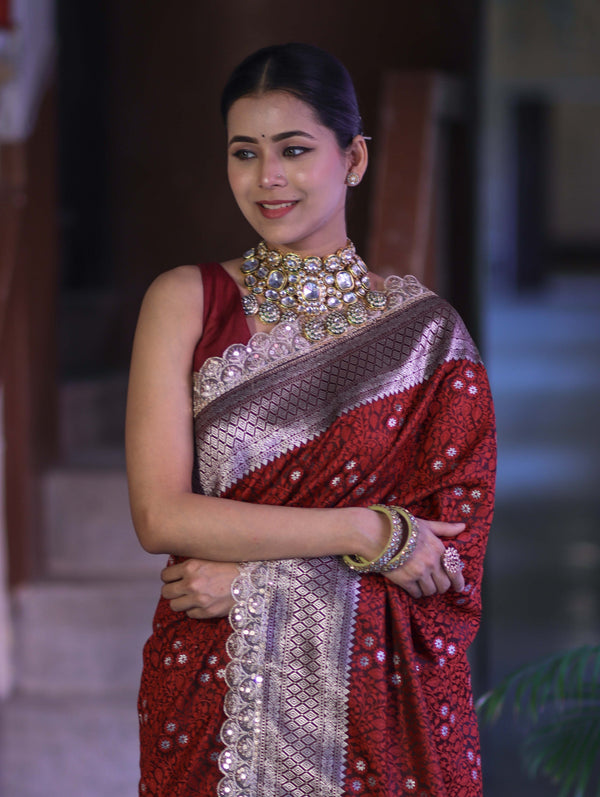 Banarasee Handloom Mashru Silk Saree With Tanchoi Work & Lace Border-Deep Maroon