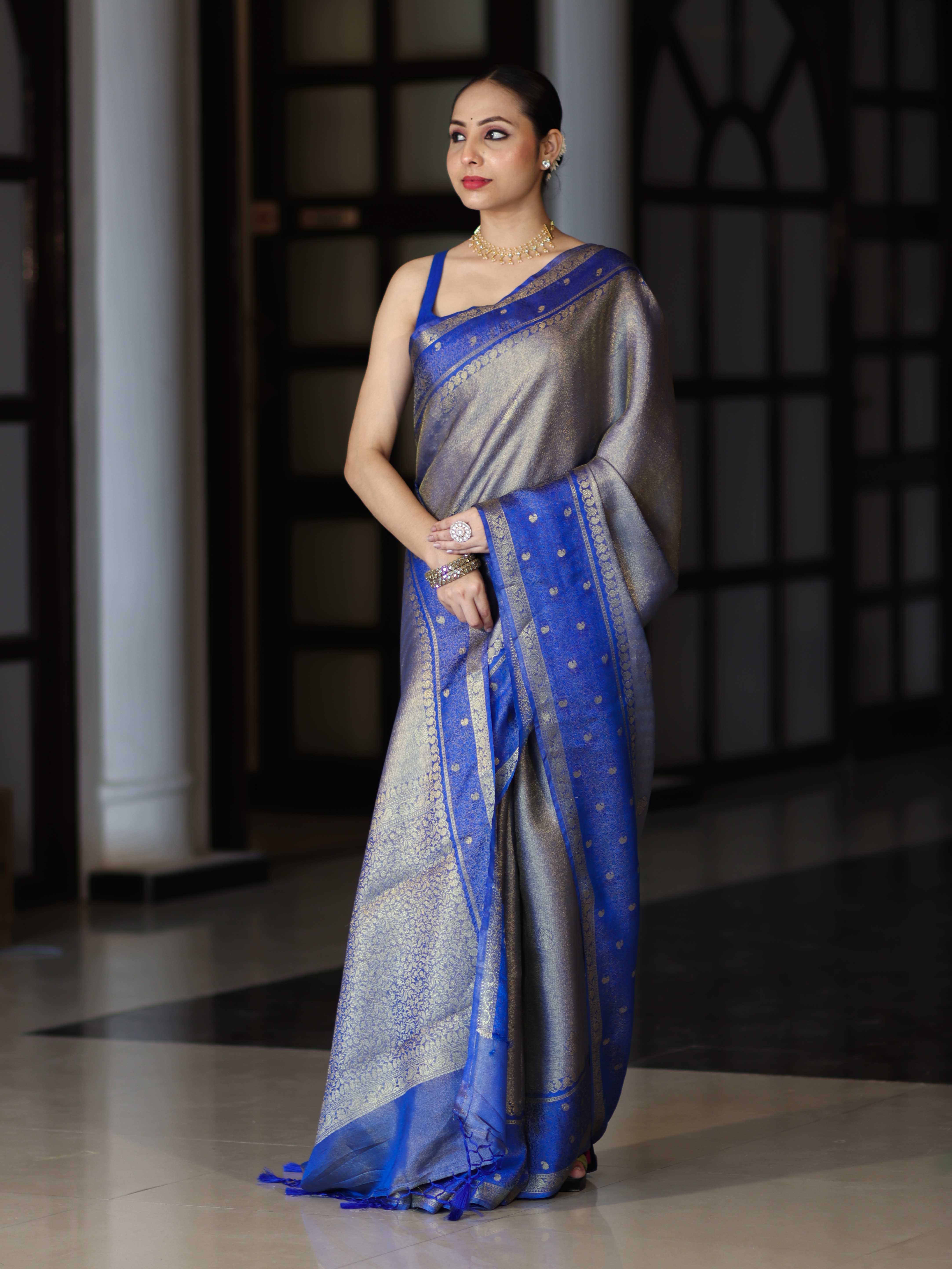 Banarasee Handloom Dual Tone Tissue Silk Saree With Zari & Resham Weaving-Blue (Gold Tone)