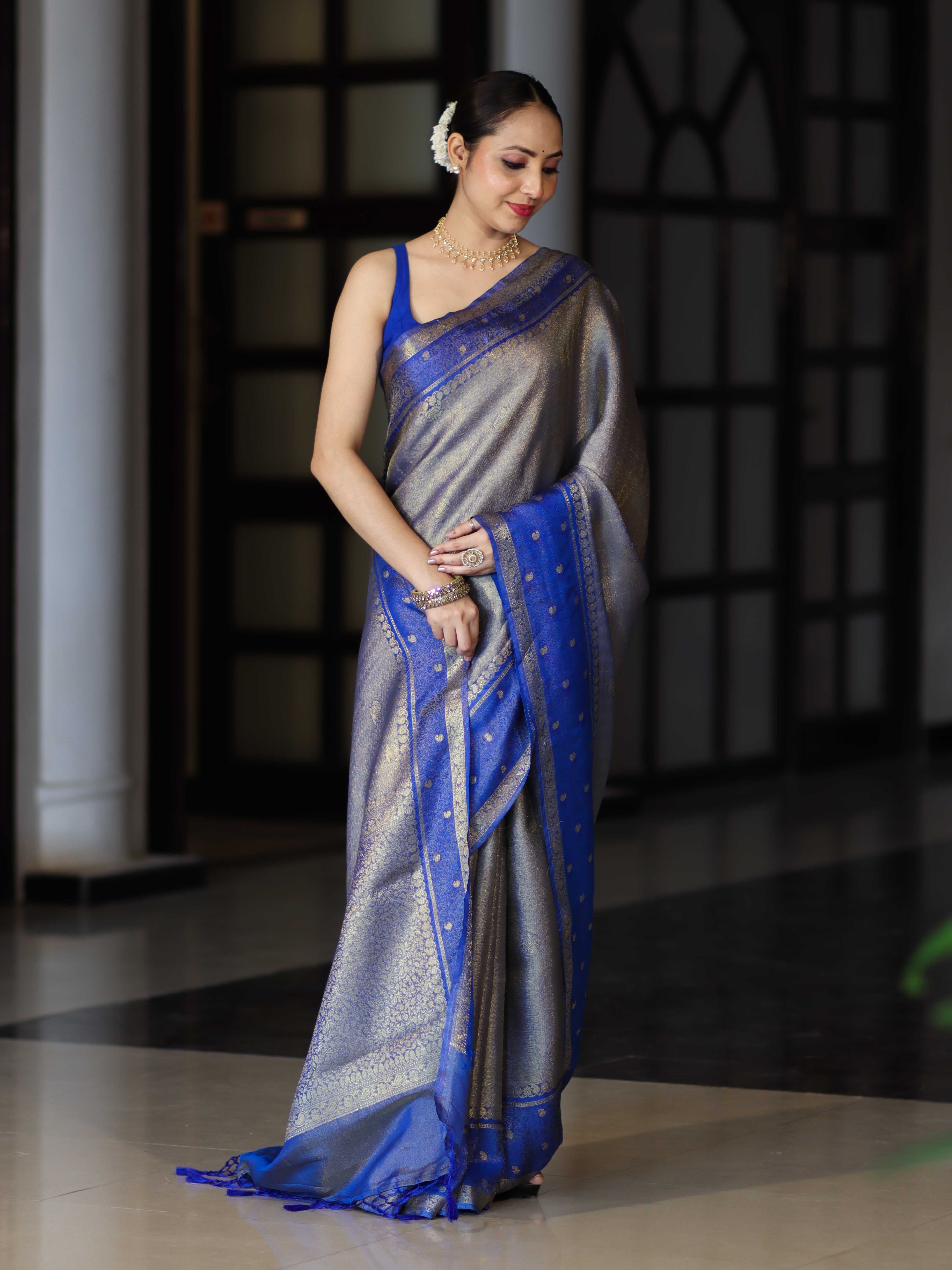 Banarasee Handloom Dual Tone Tissue Silk Saree With Zari & Resham Weaving-Blue (Gold Tone)