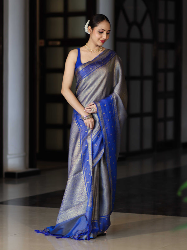 Banarasee Handloom Dual Tone Tissue Silk Saree With Zari & Resham Weaving-Blue (Gold Tone)