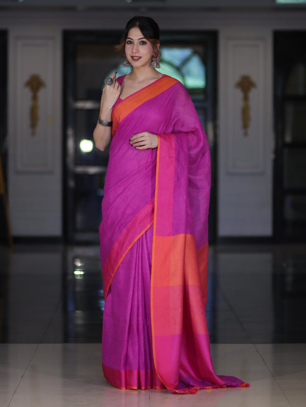 Bhagalpur Handloom Pure Linen Saree With Dual Tone Contrast Pallu-Magenta