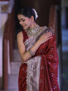 Banarasee Handloom Mashru Silk Saree With Tanchoi Work & Lace Border-Deep Maroon