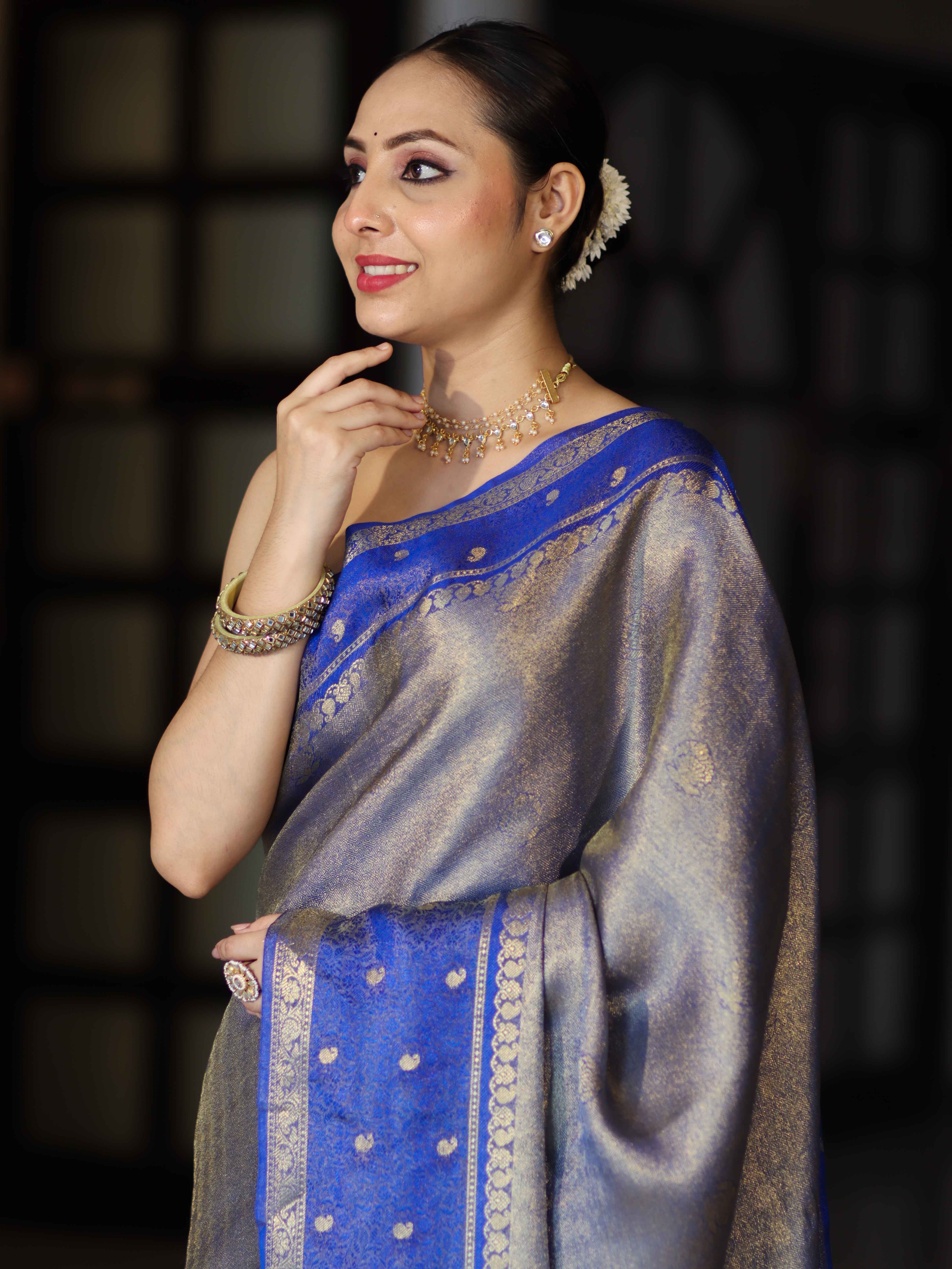 Banarasee Handloom Dual Tone Tissue Silk Saree With Zari & Resham Weaving-Blue (Gold Tone)