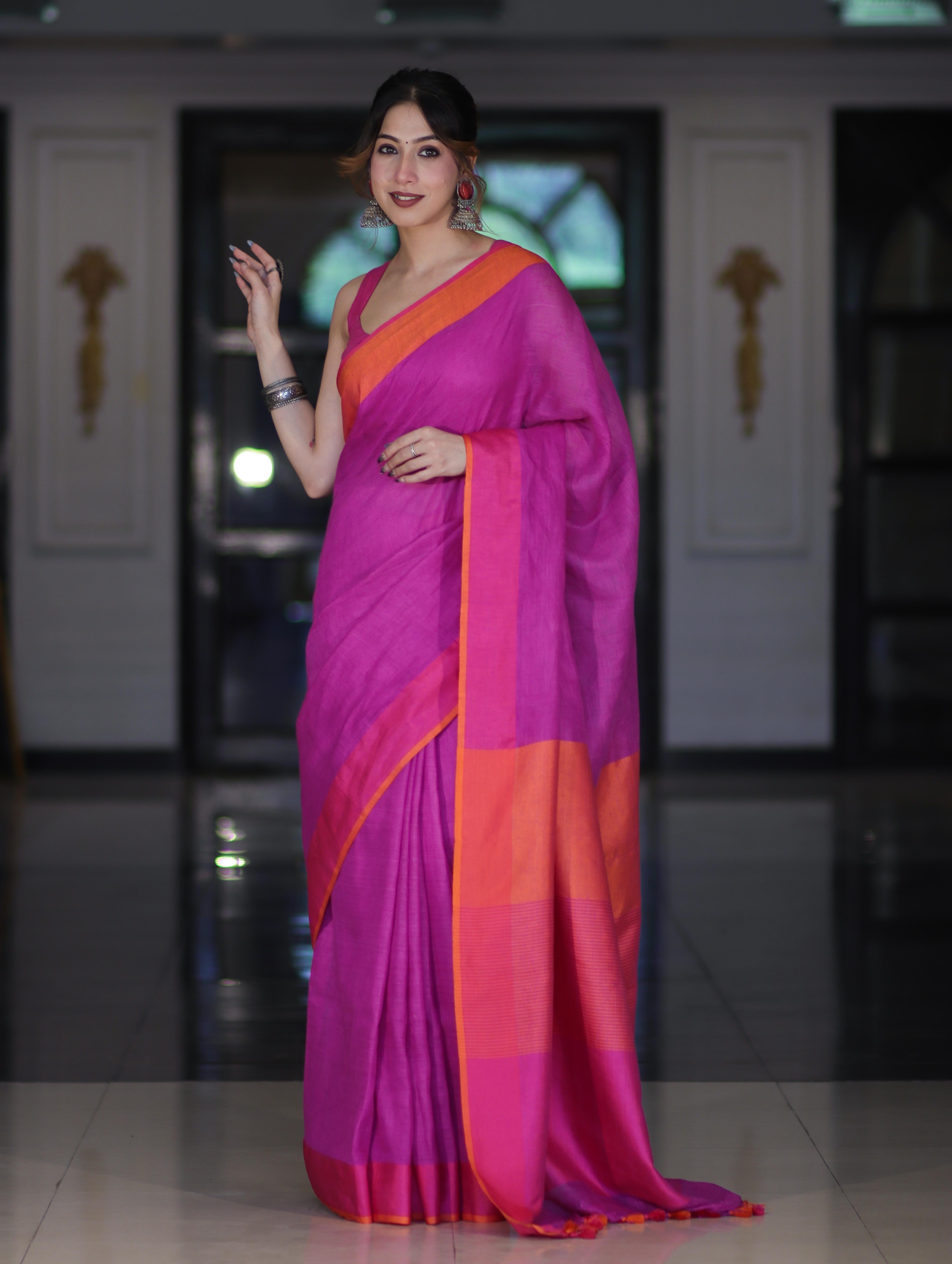 Bhagalpur Handloom Pure Linen Saree With Dual Tone Contrast Pallu-Magenta