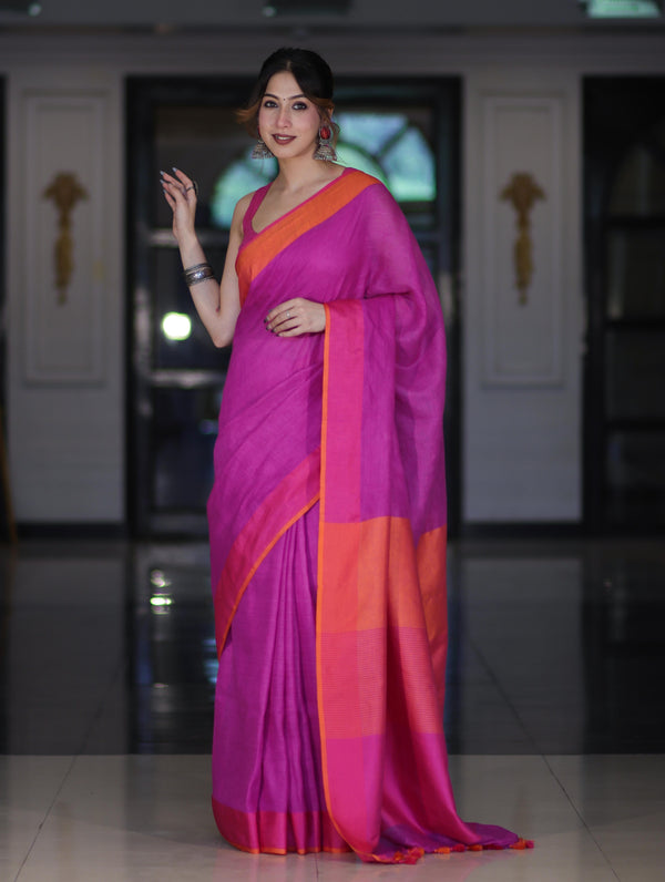 Bhagalpur Handloom Pure Linen Saree With Dual Tone Contrast Pallu-Magenta
