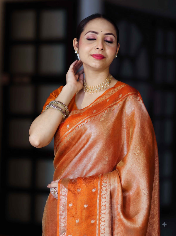 Banarasee Handloom Dual Tone Tissue Silk Saree With Zari & Resham Weaving-Orange