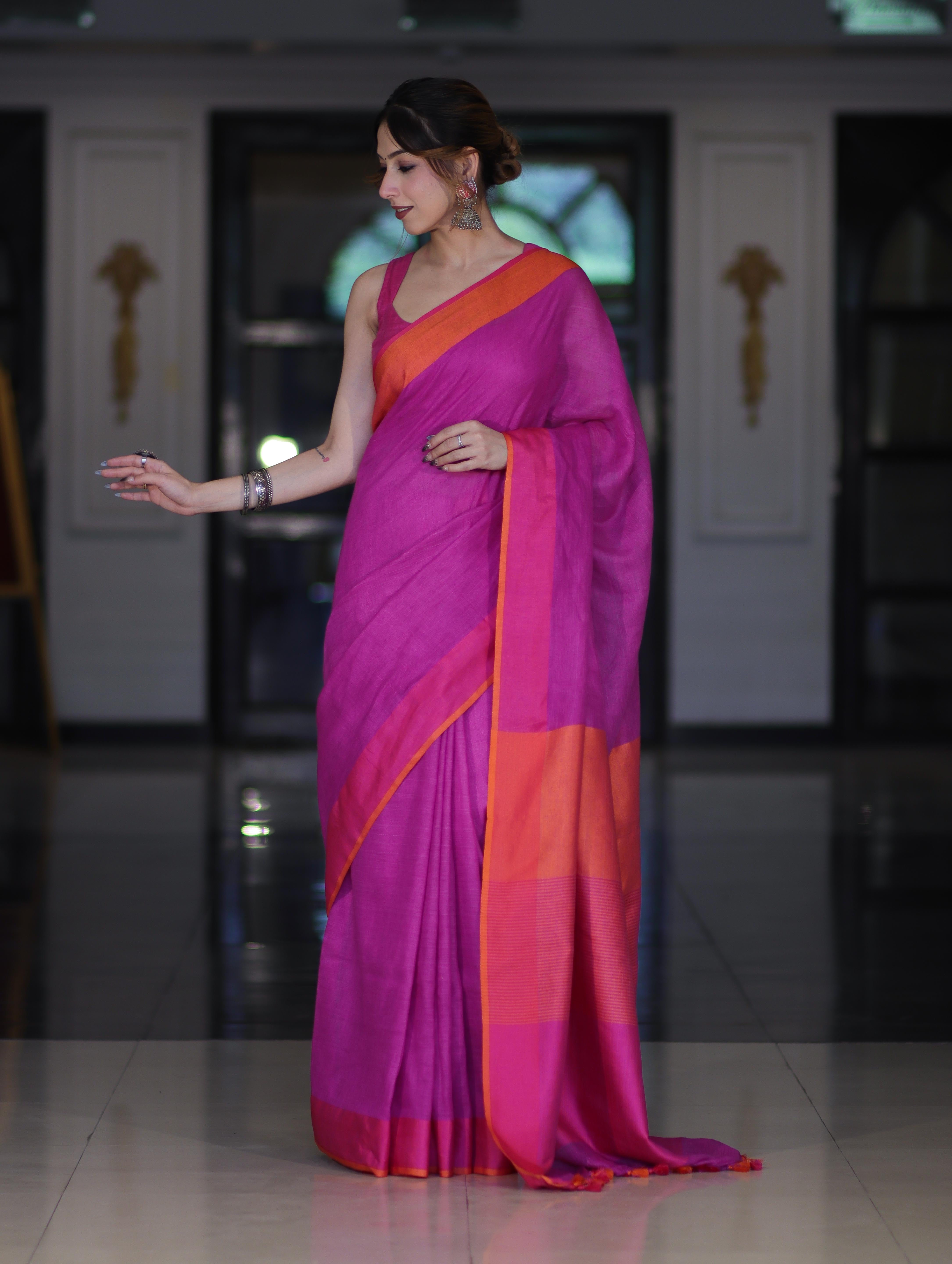 Bhagalpur Handloom Pure Linen Saree With Dual Tone Contrast Pallu-Magenta
