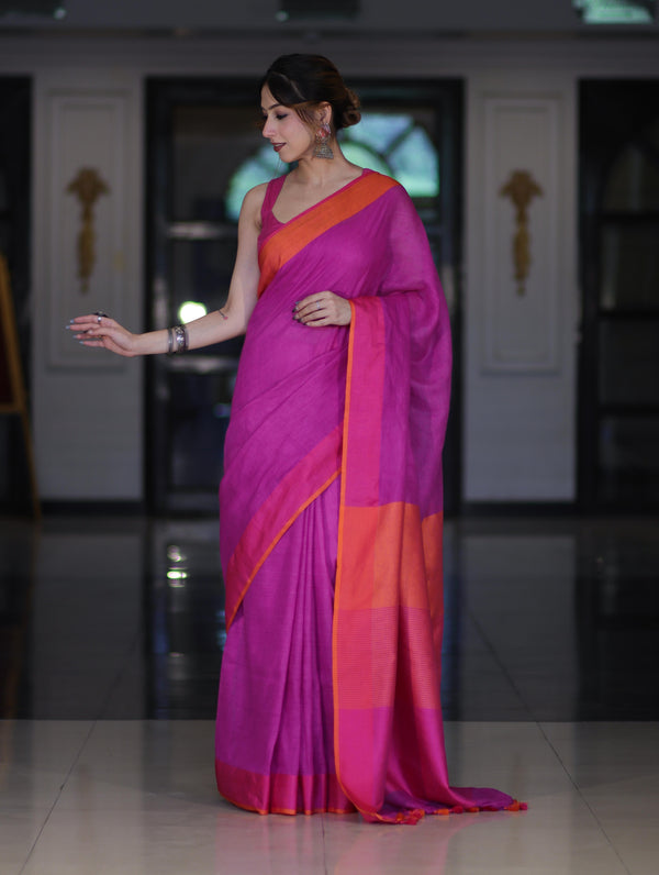 Bhagalpur Handloom Pure Linen Saree With Dual Tone Contrast Pallu-Magenta