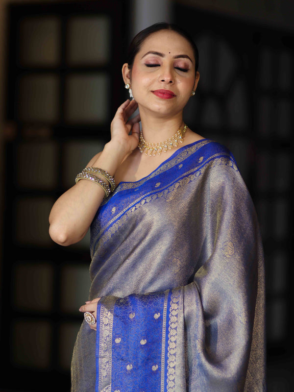 Banarasee Handloom Dual Tone Tissue Silk Saree With Zari & Resham Weaving-Blue (Gold Tone)