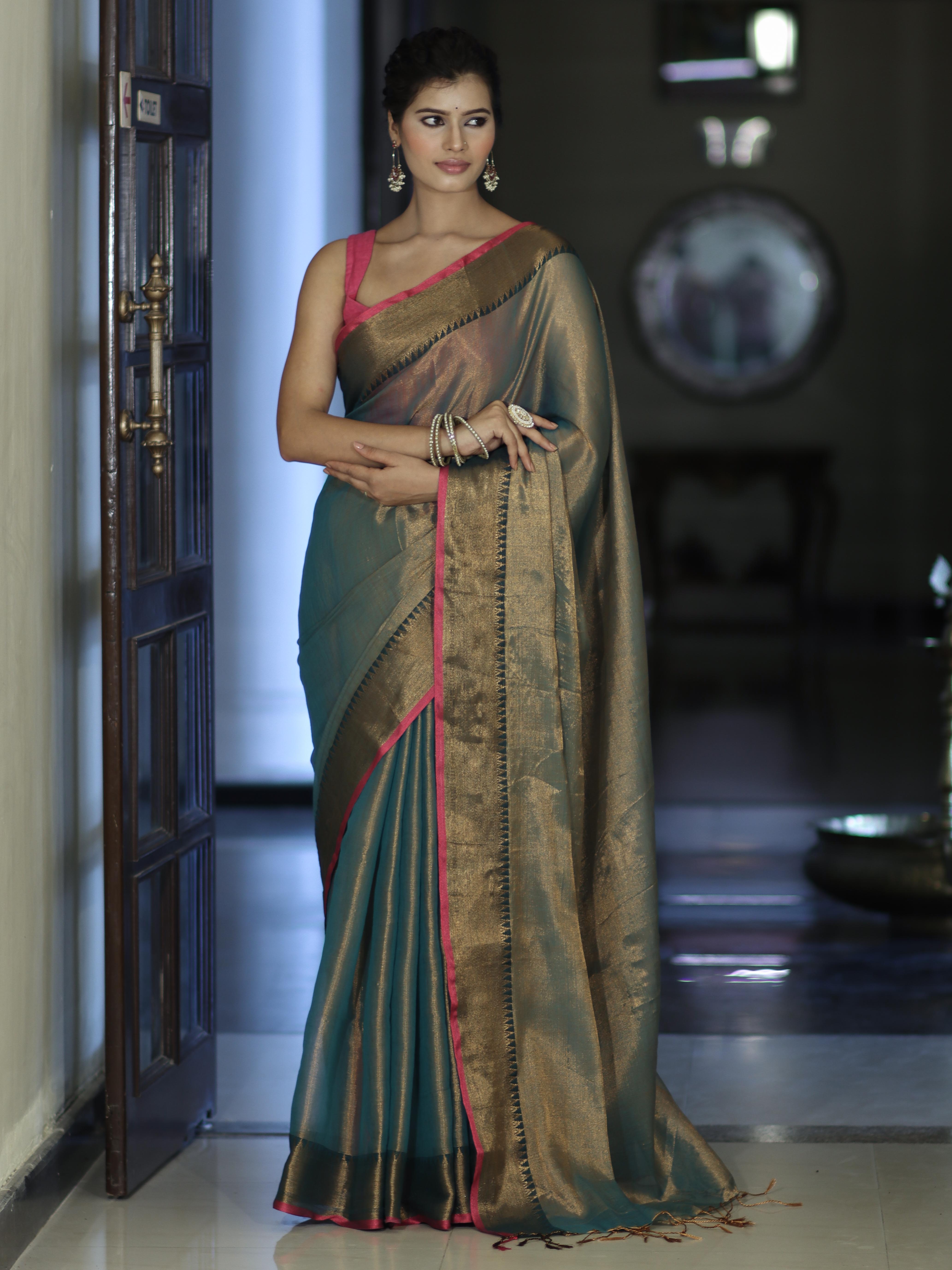 Banarasee Dual Shaded Linen Tissue Saree With Zari Border-Leaf Green